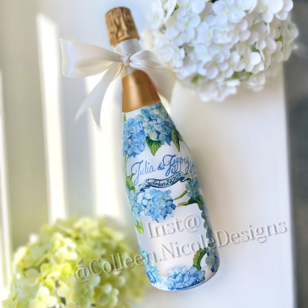 Custom painted Floral Champagne Bottle with Blue Hydrangeas